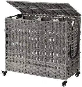 Håndvævet vasketøjskurv med låg, rattan-materiale, 3 separate rum, håndtag, aftagelige foringsposer, grå