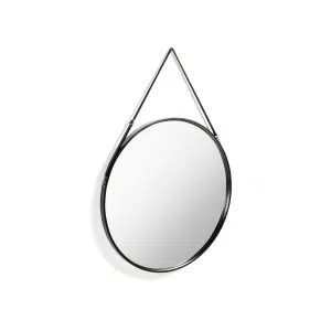 LAFORMA stor rund Eertrin vægspejl - spejlglas, sort ramme og læder (Ø80)