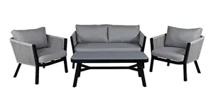 VENTURE DESIGN Virya loungesæt (3+2+1) - grå hynder, glas, grå reb og sort aluminium